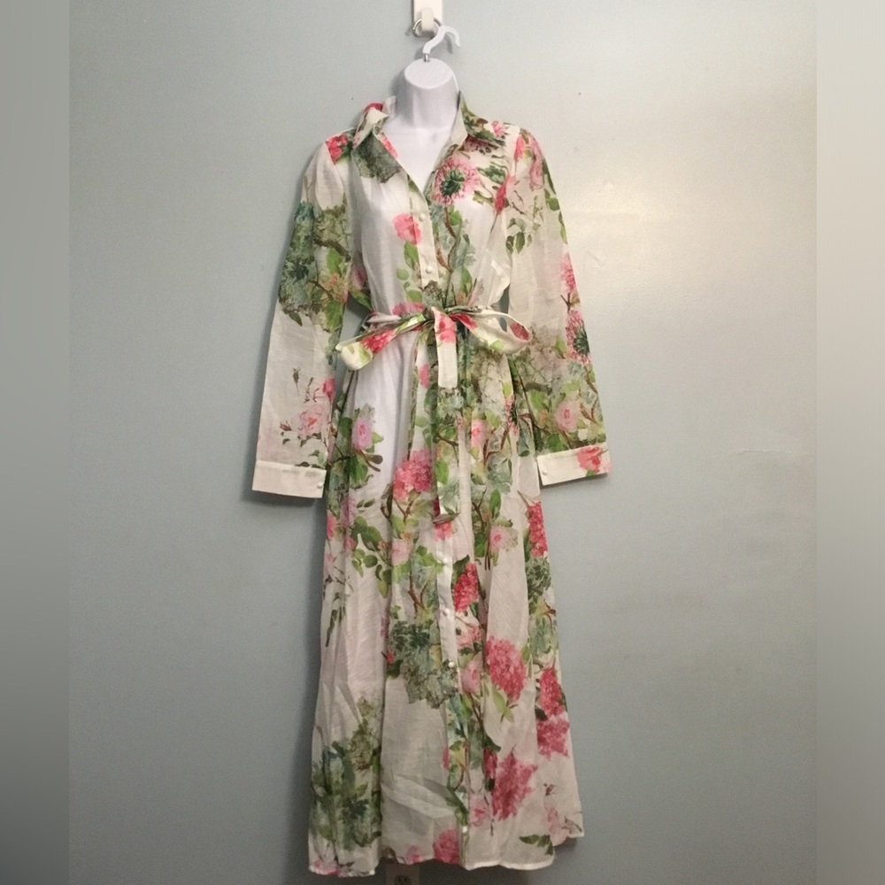 Floral Belted Maxi Shirt Dress - Pink & Green on White